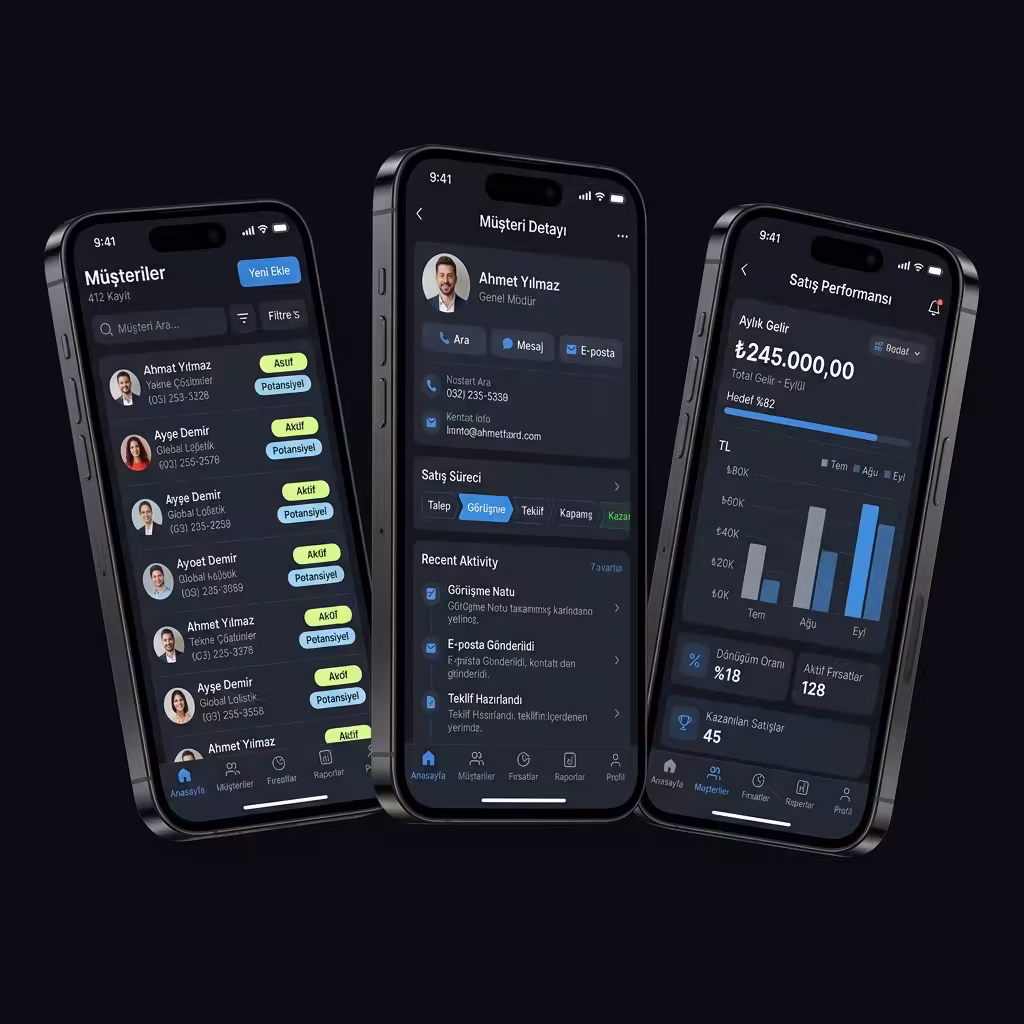 CRM müşteri yönetimi mobil uygulama ekranları